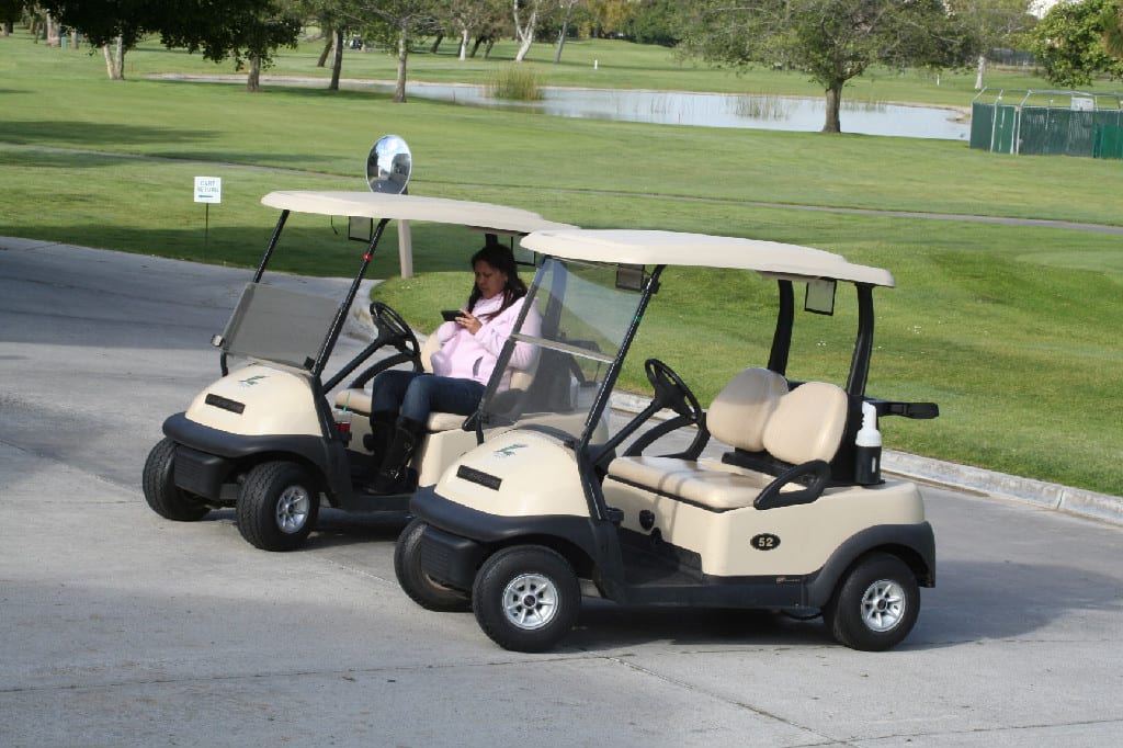 Two White Colored Golf Carts and A Woman Watching Phone on Golf Cart