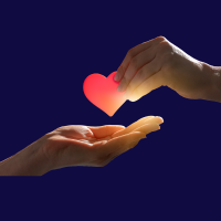 Hands exchanging glowing red heart shape.