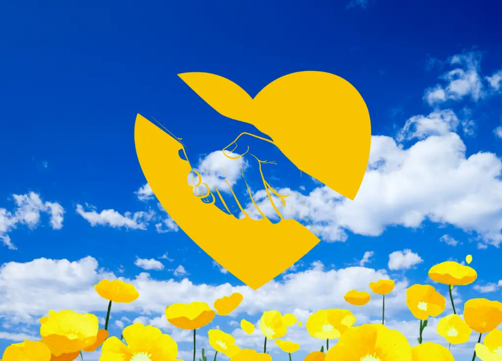 Yellow heart, handshake, yellow flowers, blue sky.